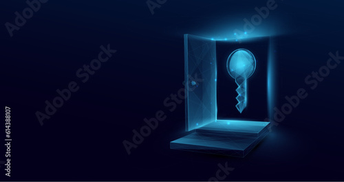Open the door to the key to success. Business concept. Low polygon and wireframe. Vector illustration