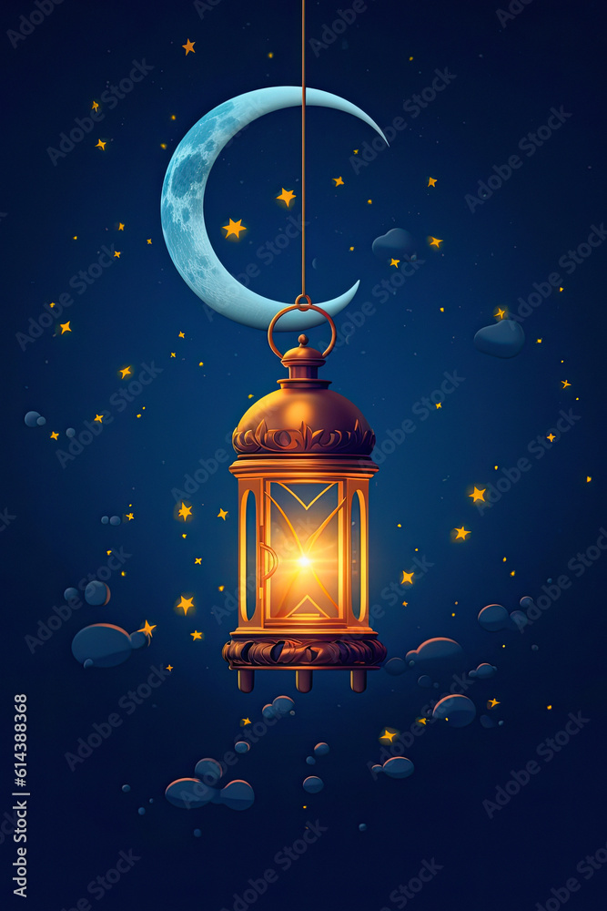large blue crescent moon, arabian lantern hanging. Ai generative