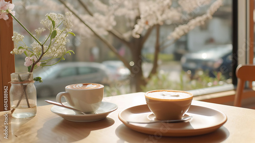 cup of coffee on the terrace,Seoul Coffee Shop Capuchino coffee of cup cozy spring nature,coffee in the morning,Spring blossoms on the street and coffee on the terrace
