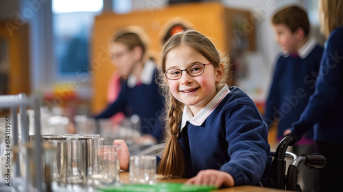 Young girl in wheelchair engaged in science experiment in school laboratory