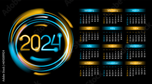 2024 year horizontal calendar with neon circle frame with golden glow on black background. Vector glitter design background for business organizer, poster. Hi-tech digital style	

