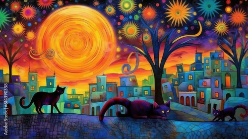 Night scene with fireworks for New year's eve, with mischievous black cats. Banner for New Year or National Hispanic Heritage Month september / october