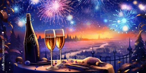 Happy New Year and Merry Christmas! Two glasses of champagne on the table with fireworks background.  New Year's banner., created with generative ai