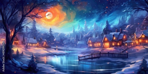 Merry christmas! Winter landscape with village and lake. xmas banner. , created with generative ai