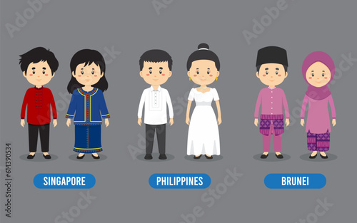 Set of Asian People Wearing Traditional Outfit