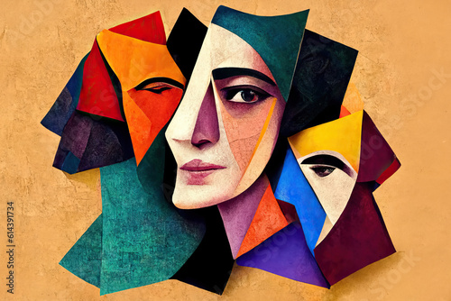 A modern art work of female faces with abstract patterns. Generative AI