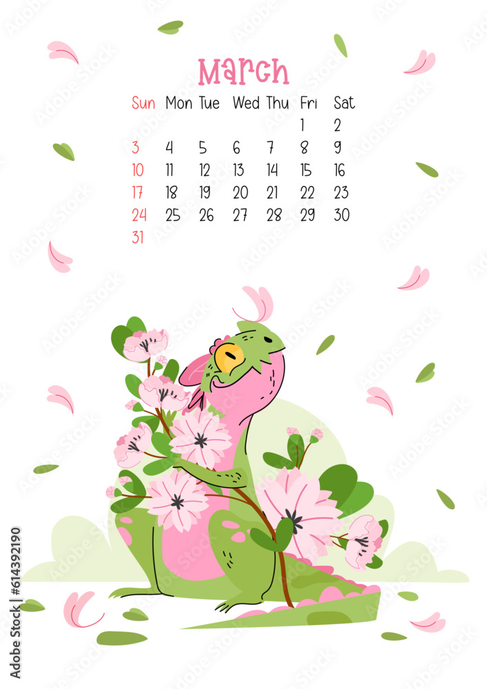 Vertical page calendar for march 2024 with sakura dragon. The symbol of the year of dragon. Week starts on Sunday. Vector illustration flat cartoon style