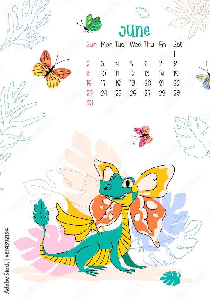 Vertical page calendar for June 2024 with daisy butterfly dragon. The symbol of the year of dragon. Week starts on Sunday. Vector illustration flat cartoon style