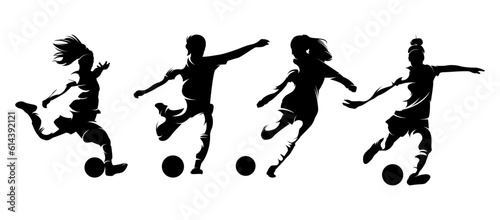 Vector set silhouettes of female football players kicking ball, abstract isolated vector silhouette, footballer logo