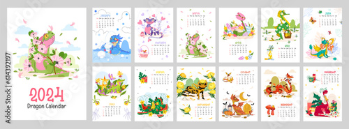 Cute Dragon calendar for 2024, the symbol of the year. Monthly calendar with vector illustrations of funny dragon character in a flat cartoon style. Vertical pages A4 format