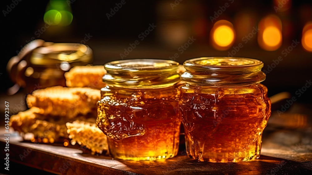 honeycomb from which the honey flows and drips, behind are glass jars with honey, AI GENERATIVE honeycomb from which the honey flows and drips, behind are glass jars with honey, AI GENERATIVE
