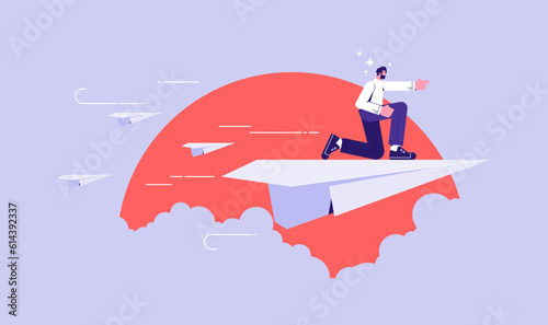 New startup, growth and progress vector concept, businessman flying with paper plane