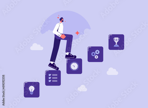 Businessman climbs stairs towards goal, male employee at first step of ladder, stages of successful business project, Project management concept