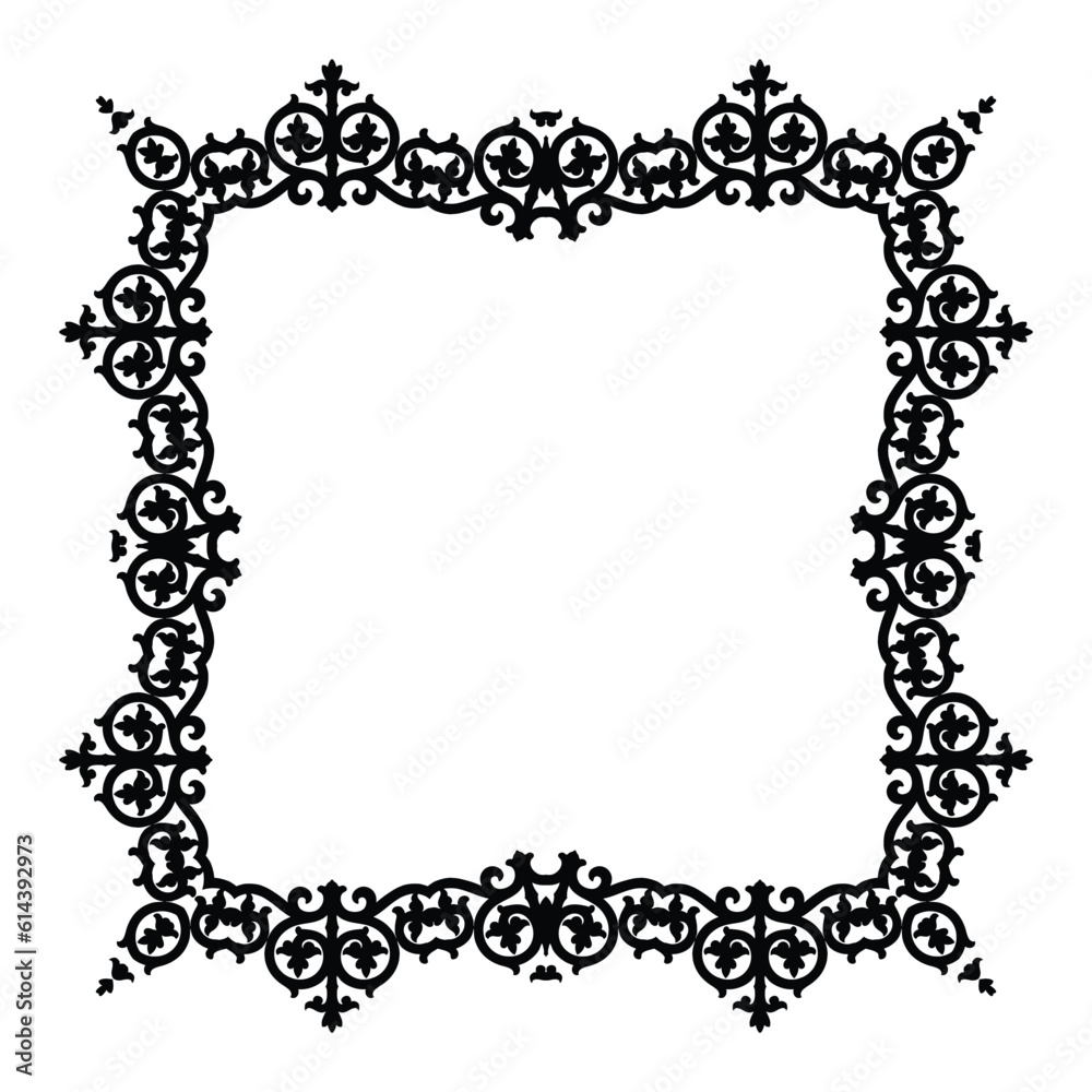 Black and white square frame with swirls. Vector clip art.
