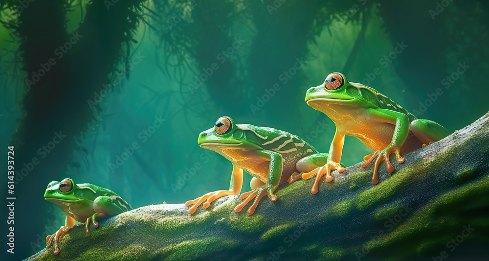 The green tree frogs lined up to rest and relax. Cute tree frogs
