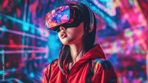 Beautiful model with colorful and trendy outfit with glowing colorful light, fashionable aisn glitch core teenager girl wearing VR. Picturesque generative AI photo