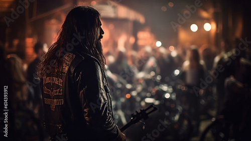 Biker overlooking crowd at venue with dark, red hues