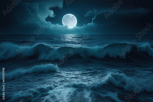 Obraz na plátně Seascape night fantasy of beautiful waves with full moon as illustration