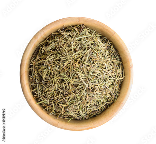 Dried rosemary leaves in wooden bowl on transparent png