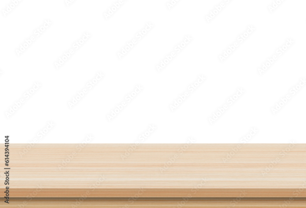 Empty brown wood table top isolated on white background . Template mock up for display of product