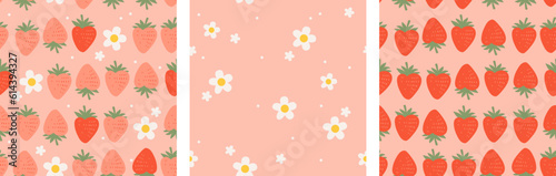 Groovy hippie 70s seamless pattern with strawberries and flower. Funny cartoon elements etc. Vector cards in trendy retro psychedelic cartoon style. Vector backgrounds. Stay groovy. Good vibes.