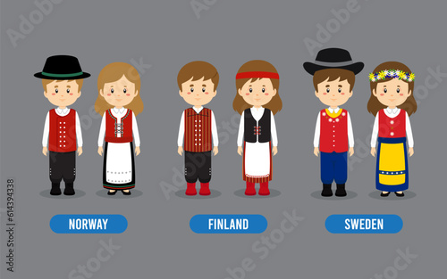 Set of European People Wearing Traditional Outfit