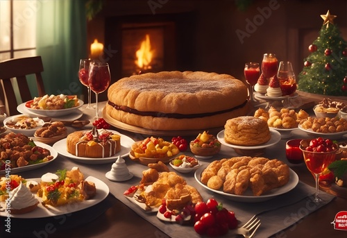 Holiday table full of food and desserts. Christmas. Generative AI