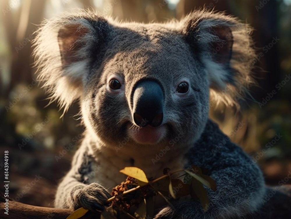 Fototapeta premium closeup on a koala eating eucalyptus, Generative AI