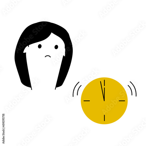 Deadline. A woman looks sadly at the clock, reddened from the onset of the deadline for the project. Work, deadline, be on time. Simple flat illustration with a thin line