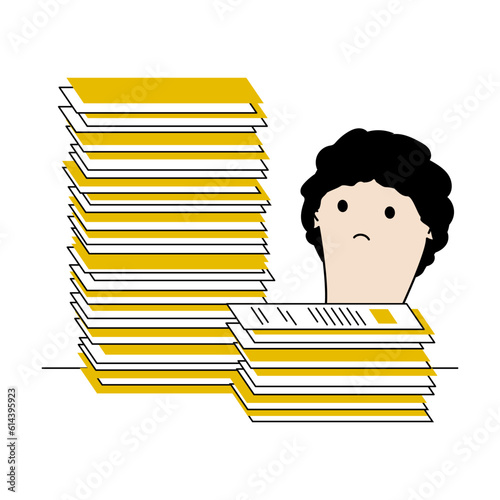 A woman looks at stacks of work papers. The concept of work in the office, overwork, stress. Line illustration
