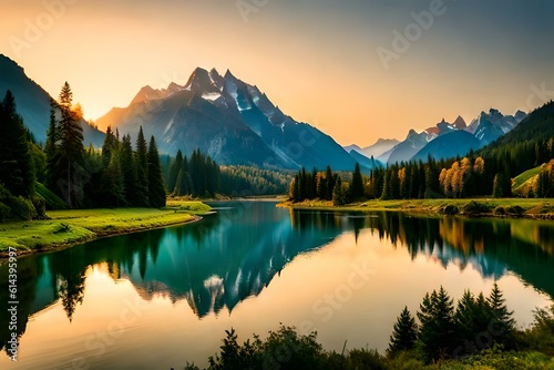 a beautiful sunset over a tranquil lake © Muhammad