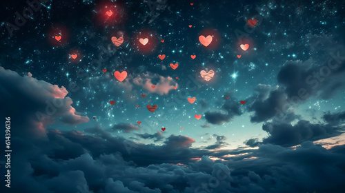 LOVE HEART SHAPES IN THE NIGHT SKY AS A VALENTINE'S DAY BACKGROUND. GENERATIVE AI.