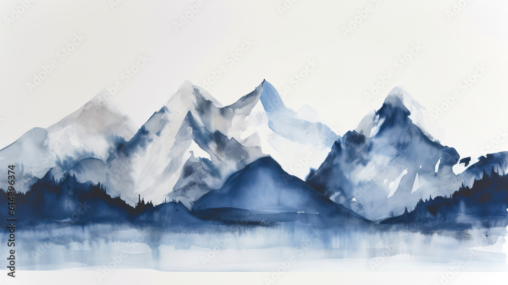 Fototapeta premium panorama of the mountains in winter,super minimal watercolor on white background paper of snow 
