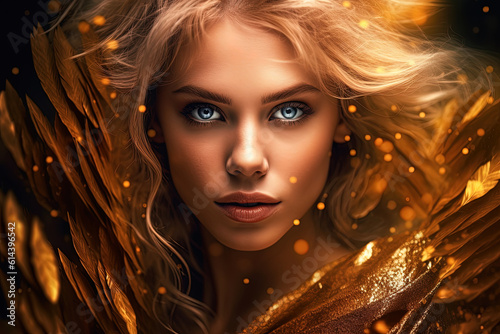 Beautiful woman in gold luxury background. fictional person created with generative AI