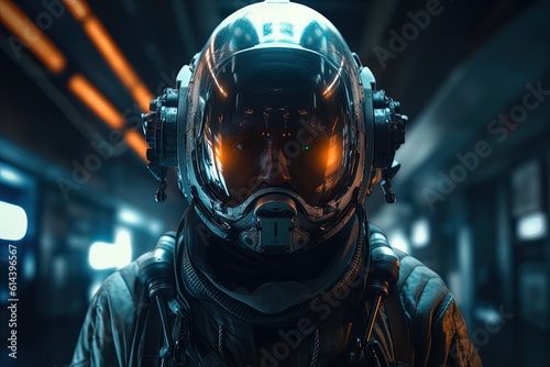 Spaceman wearing a high-tech future helmet portrait. fictional person created with generative AI
