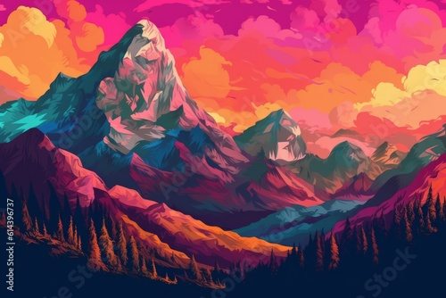 Vibrant mountainscape with colorful pop art background, generative AI
