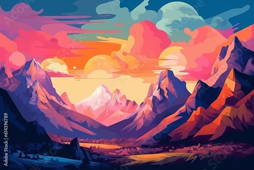 Vibrant mountainscape with colorful pop art background, generative AI © avrezn
