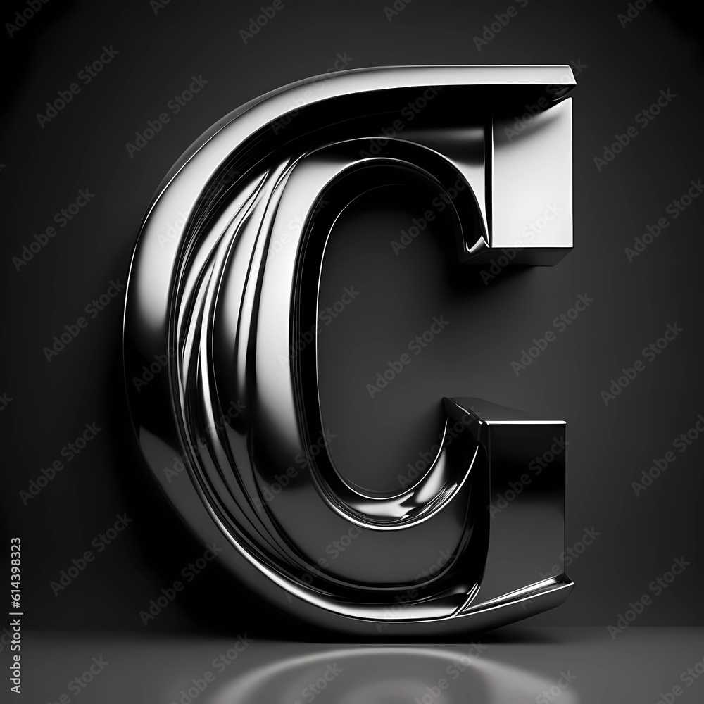 Metal letter C uppercase. 3D render font with shadow on black