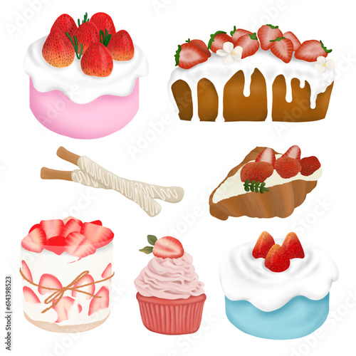 bakery and pastry desserts with chocolate vanilla and strawberry flavours jams sundaes. Vector isolated delicious illustrations of cake and sweet foods for menu designs. Cute lovely icon.