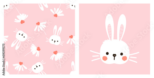 Seamless pattern with daisy flower and bunny cartoon on pink background. Rabbit cartoon vector illustration.