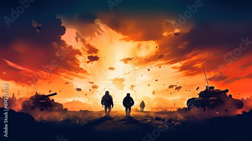 Illustration of War Concept. Military silhouettes fighting scene on war fog sky background, World War Soldiers Silhouettes Below Cloudy Skyline at sunset. © Sasint
