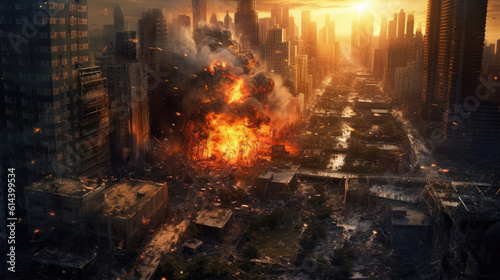 Modern city devastated by explosions and chaos