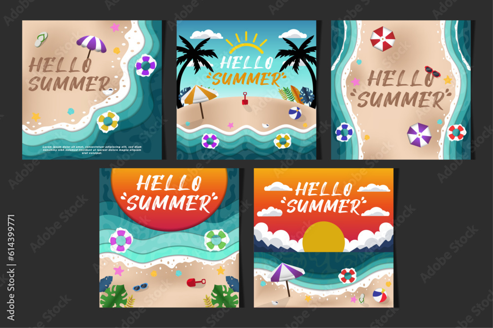 New Concept Social Media Feeds Vector Paper Cut Hello Summer Beach Illustration