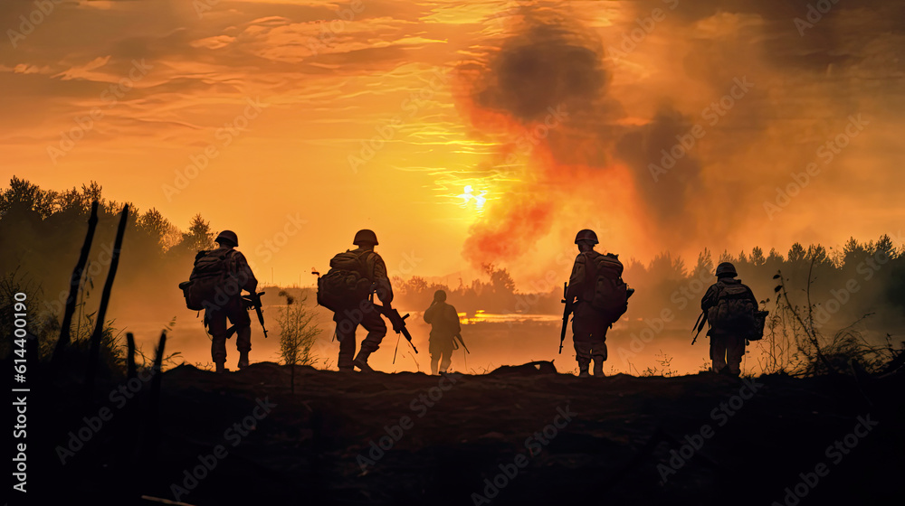 Silhouettes of army soldiers in the fog against a sunset, marines team in action, surrounded fire and smoke, shooting with assault rifle and machine gun, attacking enemy