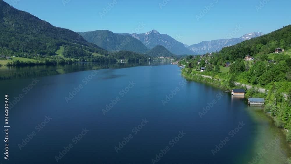 Flight over of Grundlsee lake in Salzkammergut, Styria, Austria Flight over of Grundlsee lake in Salzkammergut, Styria, Austria