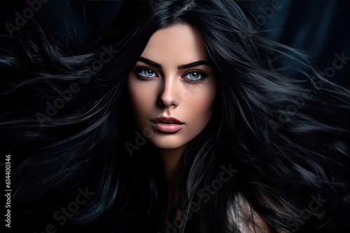 Beautiful Hair. Girl With Healthy Wavy Long Black Hair. Portrait Happy Woman With Beauty Face, Makeup And Perfect Curls. Volume, Hairstyle, Hairdressing Concept. created with generative ai