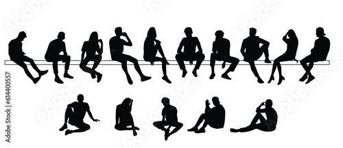 Vector silhouettes of people sitting, men, women, teenagers, children, black color, isolated on a white background