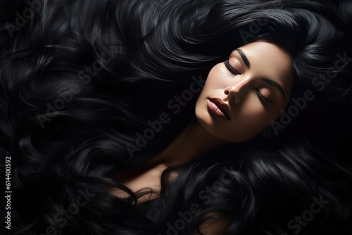 Beautiful Hair. Girl With Healthy Wavy Long Black Hair. Portrait Happy Woman With Beauty Face, Makeup And Perfect Curls. Volume, Hairstyle, Hairdressing Concept. created with generative ai © annne