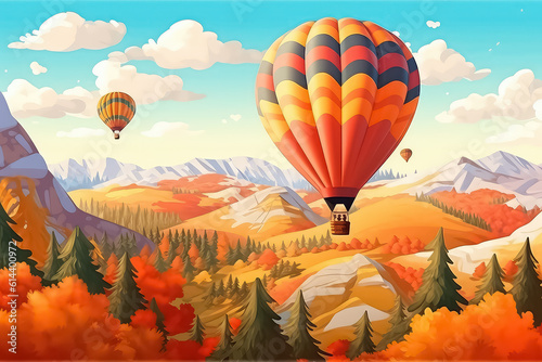 Hot air balloon over mountain autumn landscape