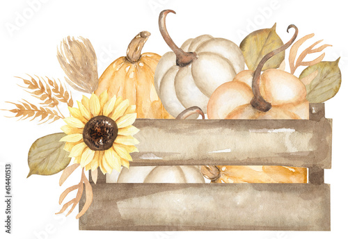 Watercolor hand drawn wooden box with pumpkins and sunflower bouquet illustration, fall garden decor clipart, autumn harvest clip art